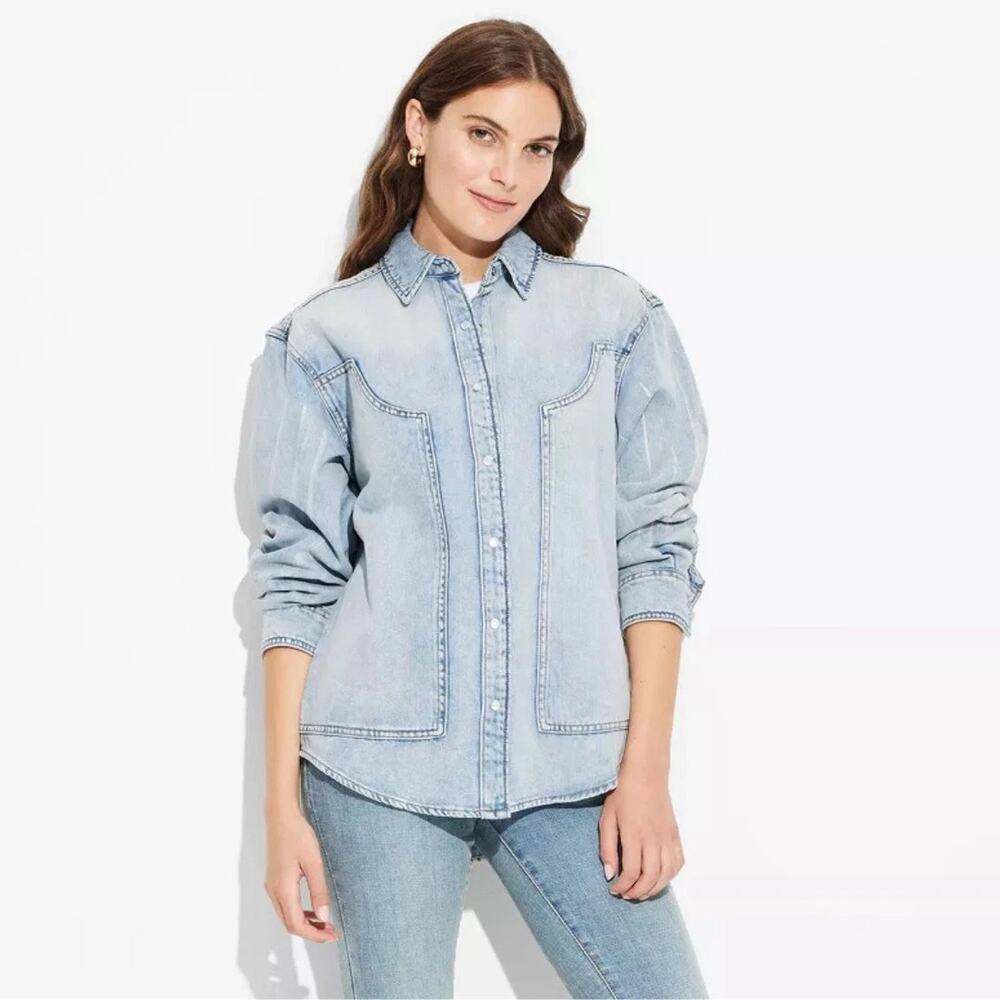 Wild Fable Size XS Long Sleeve Oversized Denim Western Light Wash Shirt NWT
